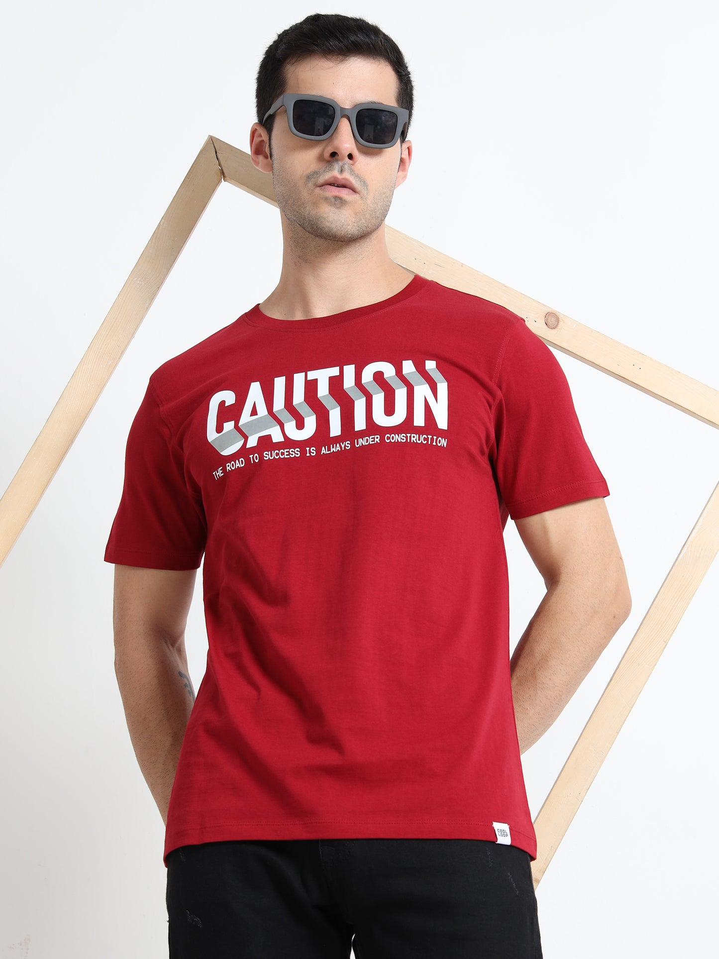 Caution Printed Red short sleeve Regular T-shirt