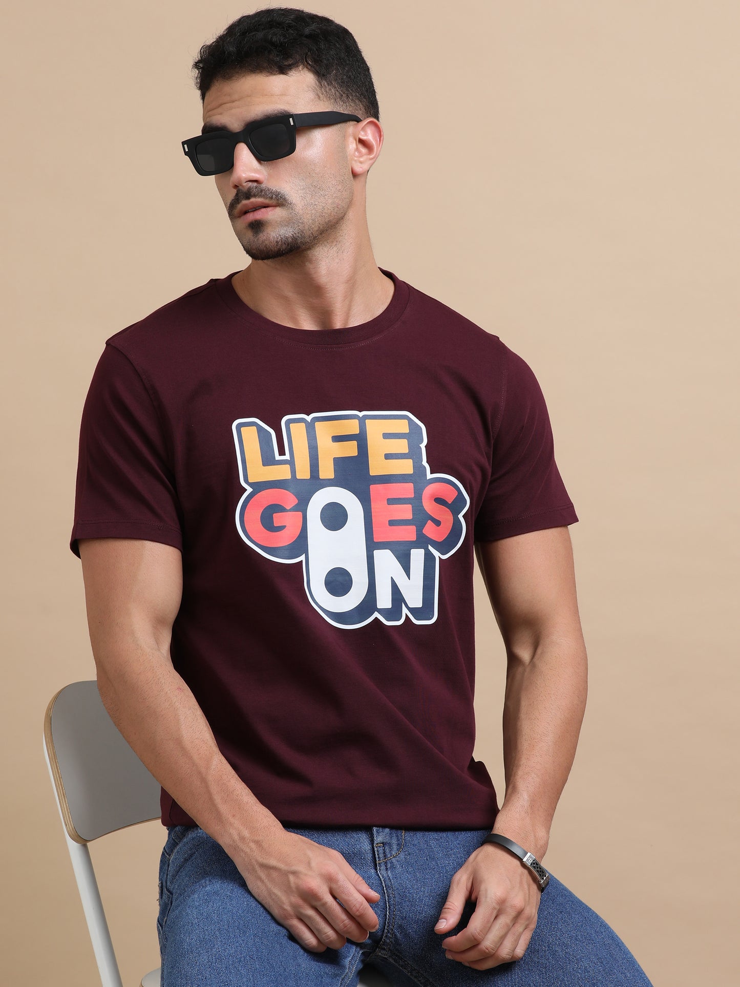 Life Goes On Printed Maroon short sleeve Regular T-shirt