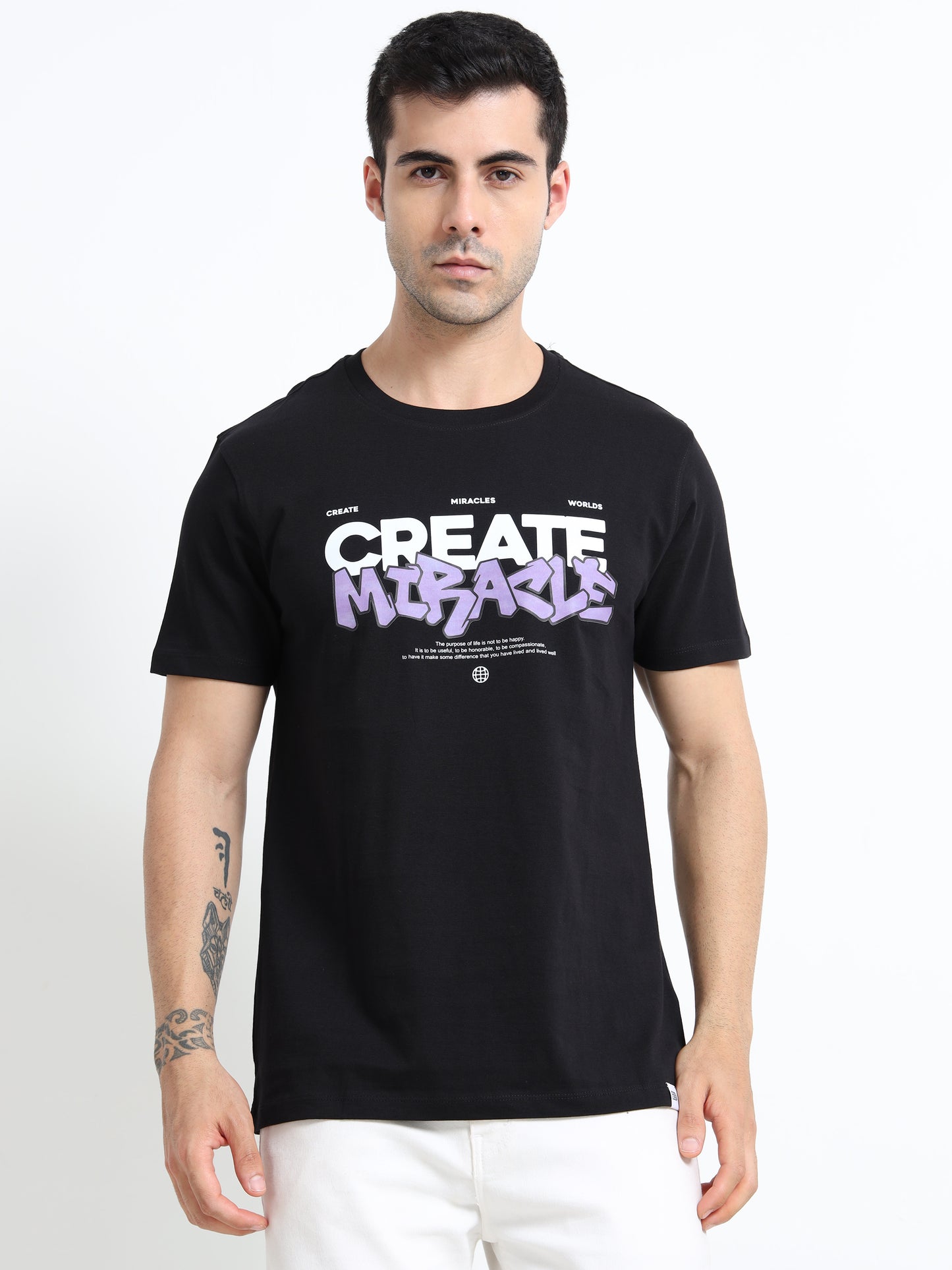 Create Miracle Printed Black short sleeve Regular T-shirt