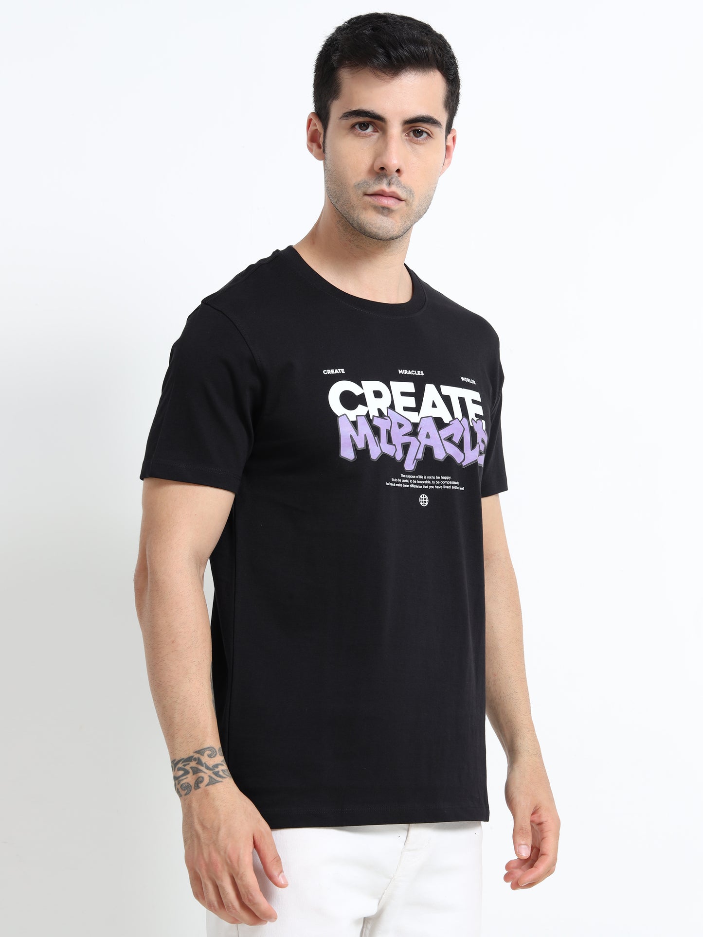 Create Miracle Printed Black short sleeve Regular T-shirt