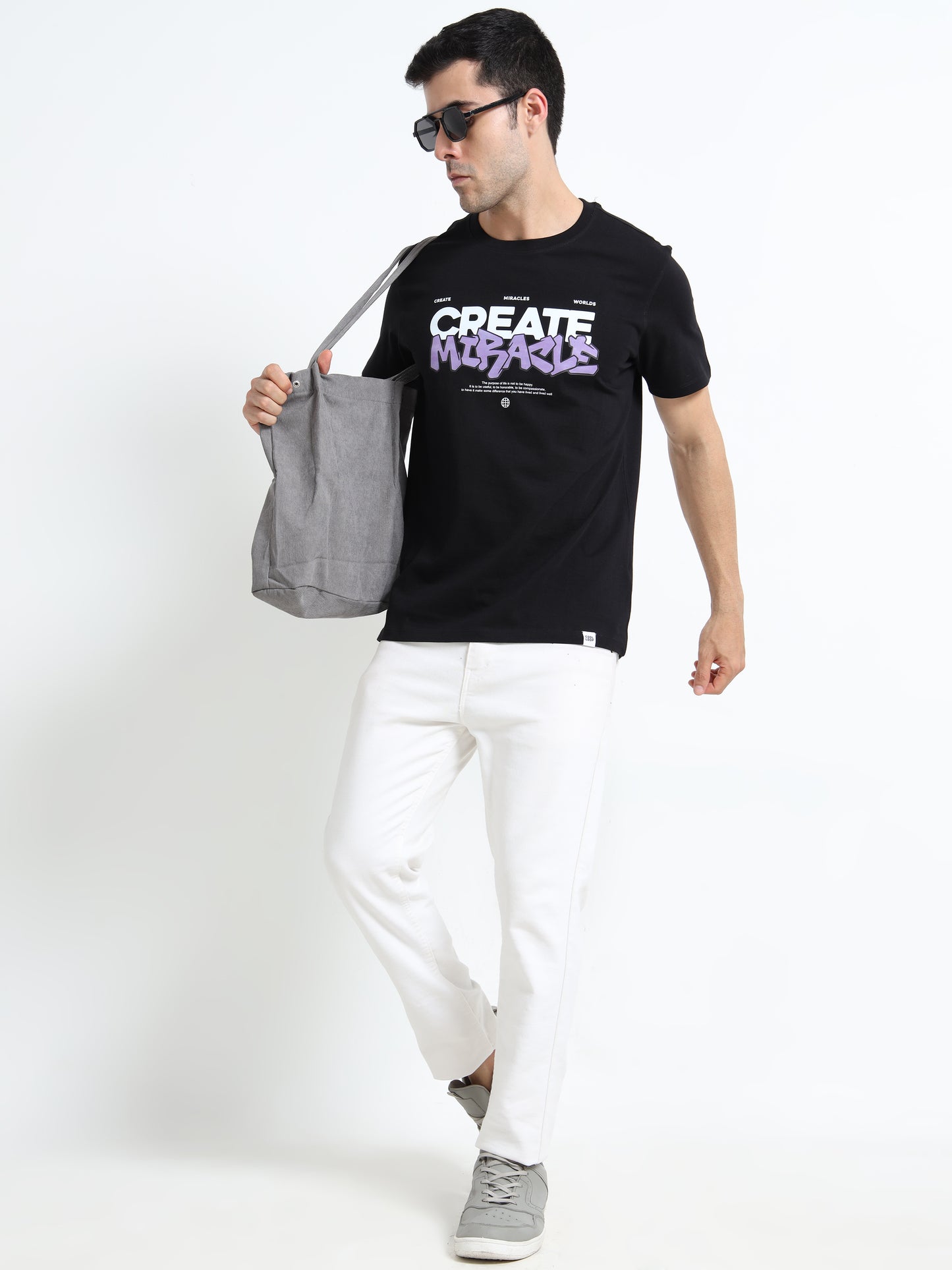 Create Miracle Printed Black short sleeve Regular T-shirt