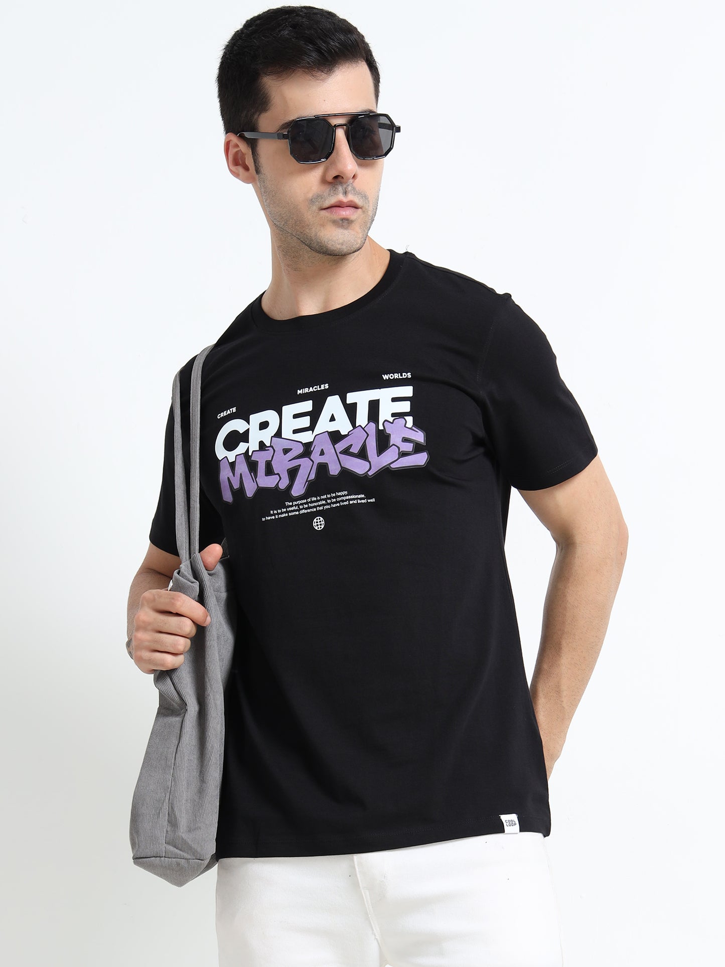 Create Miracle Printed Black short sleeve Regular T-shirt