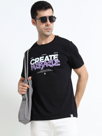 Create Miracle Printed Black short sleeve Regular T-shirt
