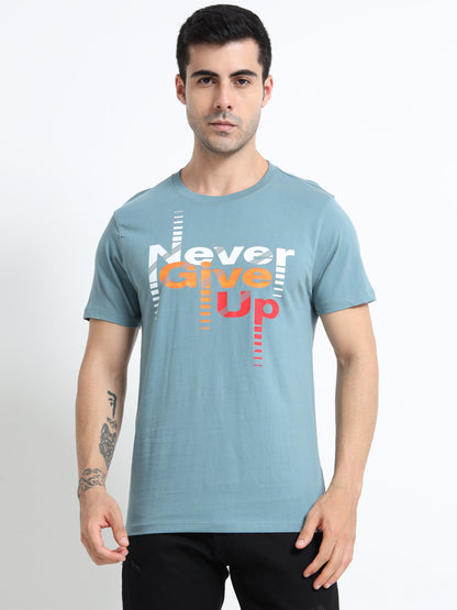 Never Give Up printed Light blue short sleeve Regular T-shirt