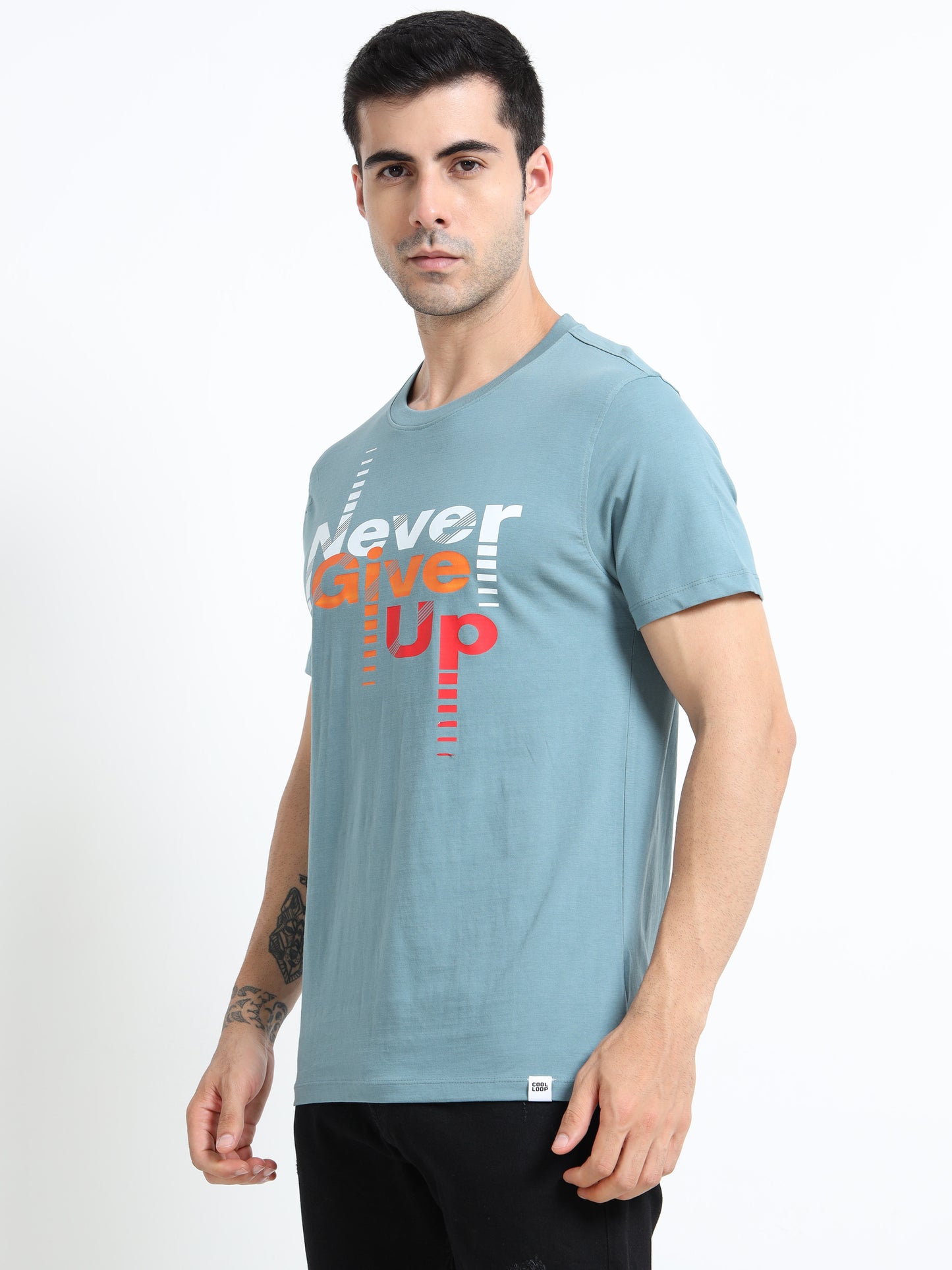 Never Give Up printed Light blue short sleeve Regular T-shirt