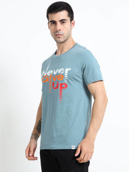 Never Give Up printed Light blue short sleeve Regular T-shirt