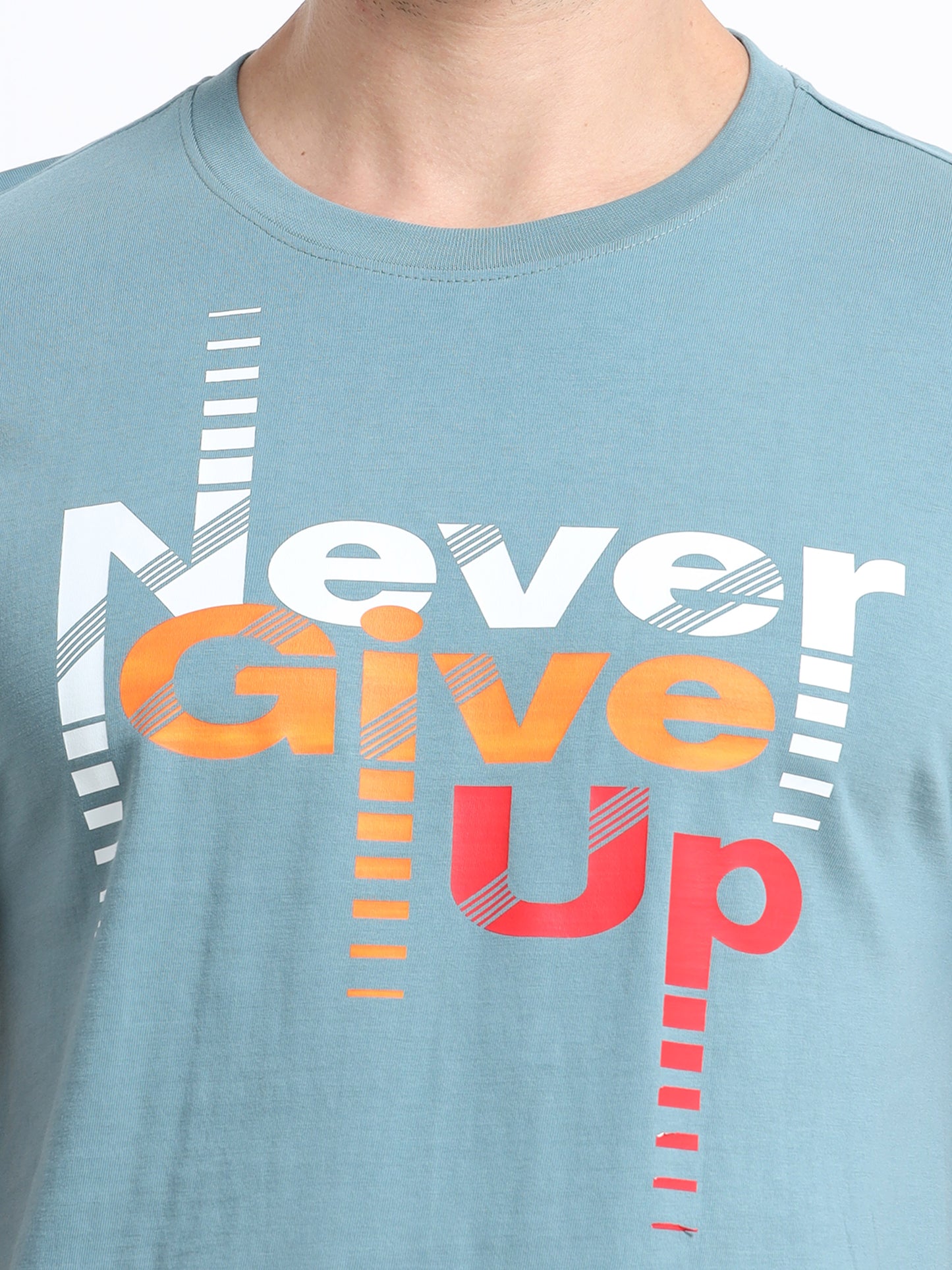 Never Give Up printed Light blue short sleeve Regular T-shirt