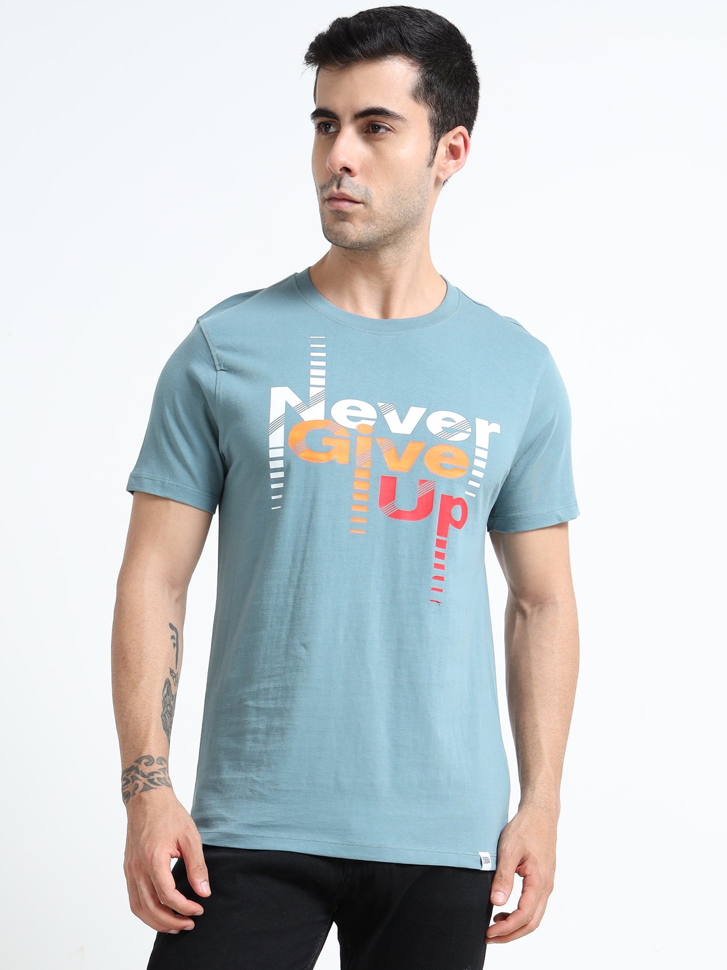 Never Give Up printed Light blue short sleeve Regular T-shirt