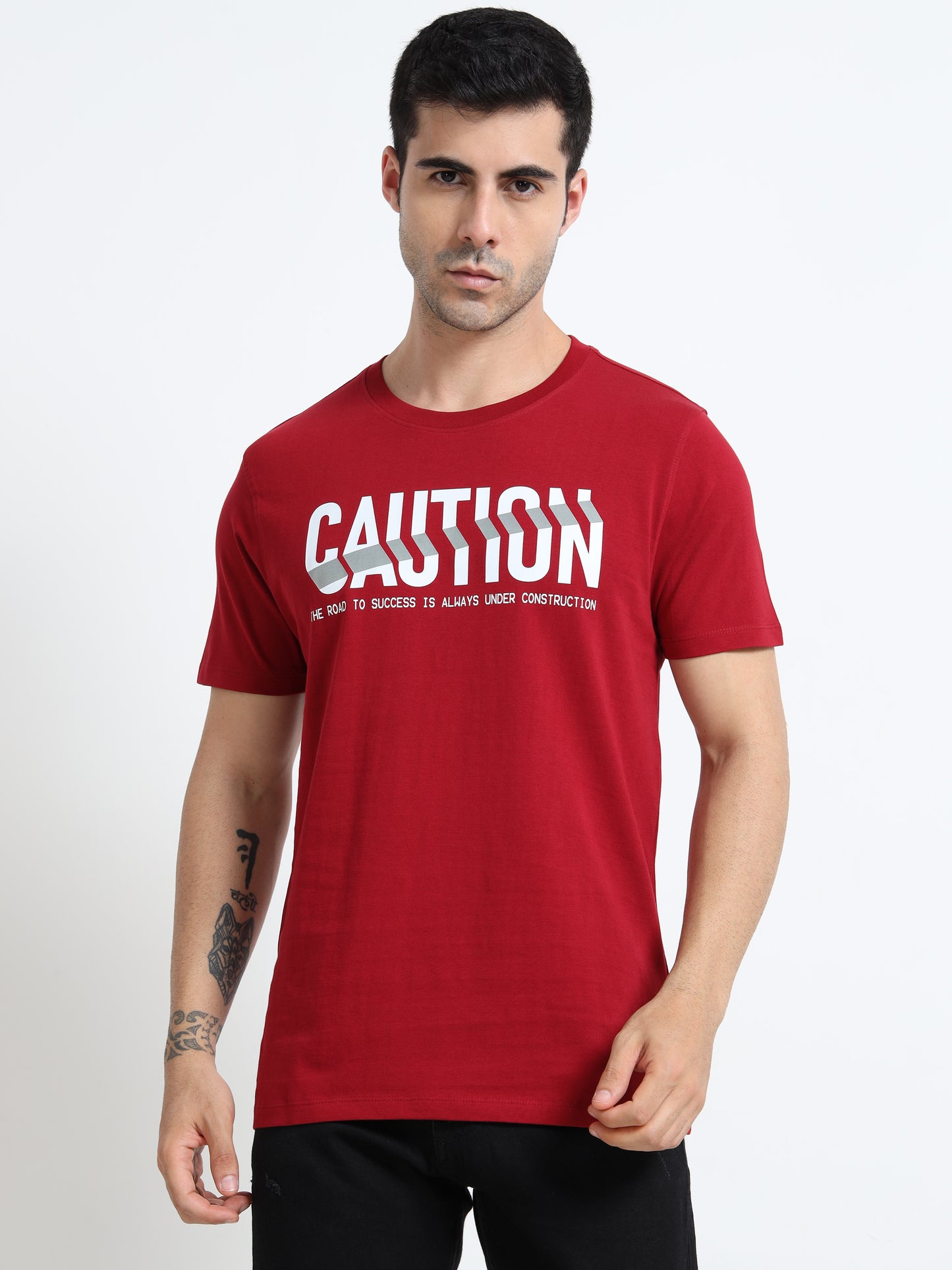 Caution Printed Red short sleeve Regular T-shirt