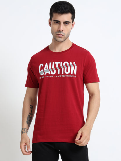 Caution Printed Red short sleeve Regular T-shirt