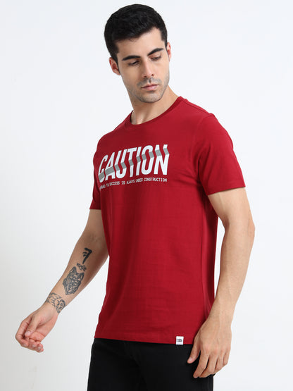 Caution Printed Red short sleeve Regular T-shirt