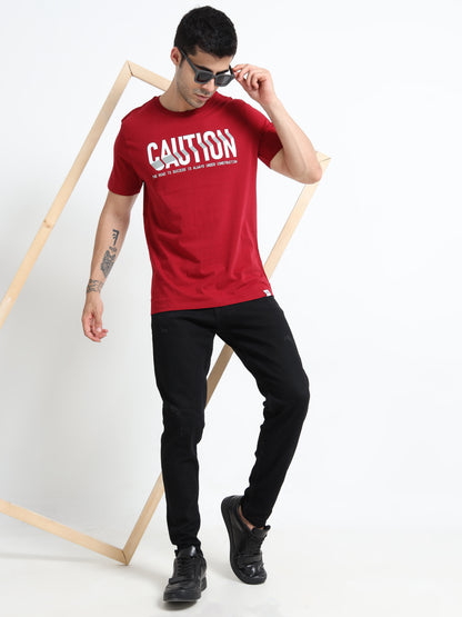 Caution Printed Red short sleeve Regular T-shirt