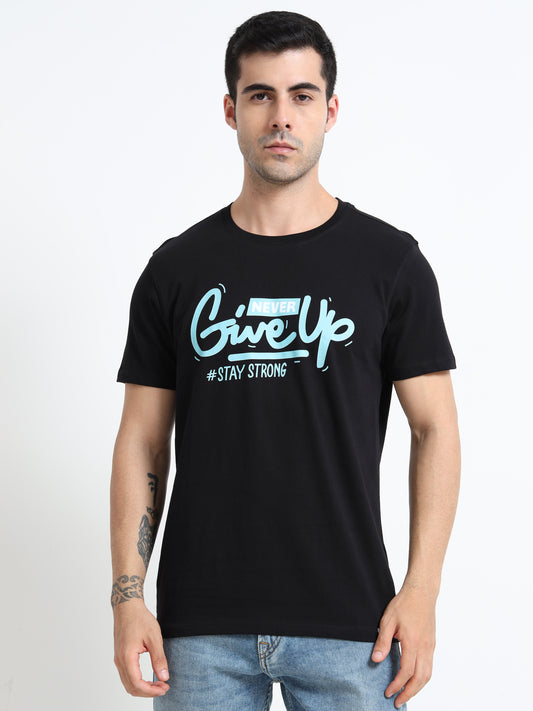 Never Give Up Printed Black short sleeve Regular T-shirt