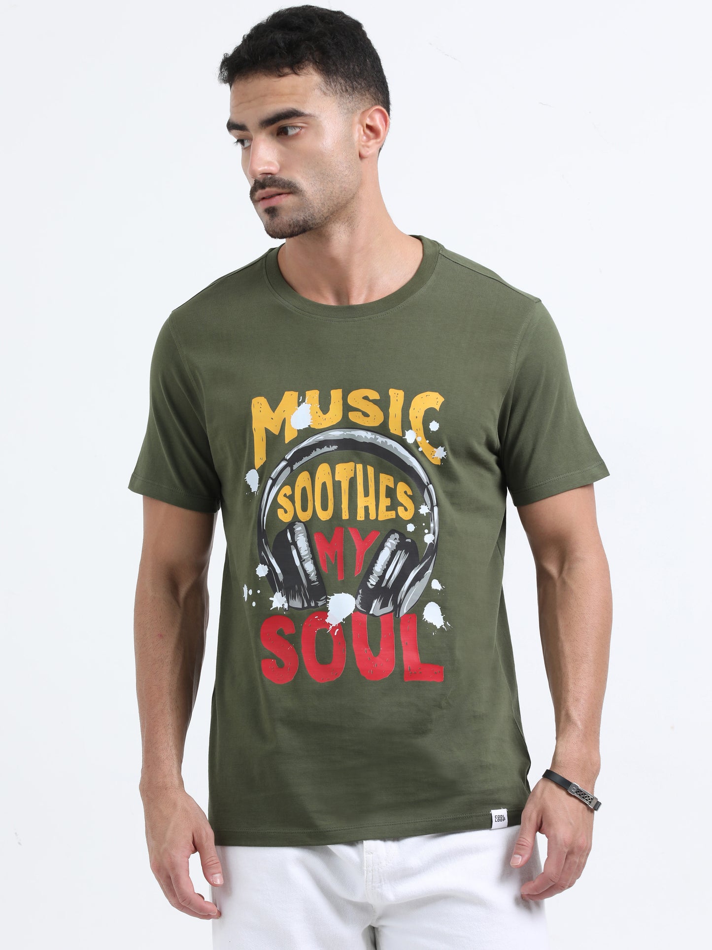 Music Soothes printed Olive Green short sleeve Regular T-shirt