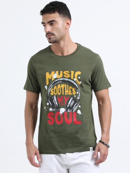 Music Soothes printed Olive Green short sleeve Regular T-shirt