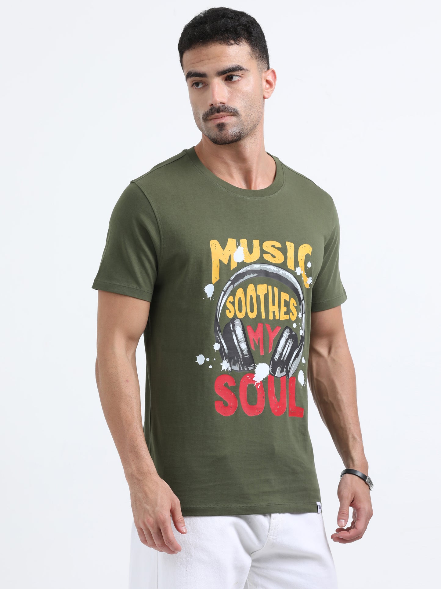Music Soothes printed Olive Green short sleeve Regular T-shirt