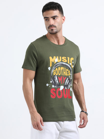 Music Soothes printed Olive Green short sleeve Regular T-shirt
