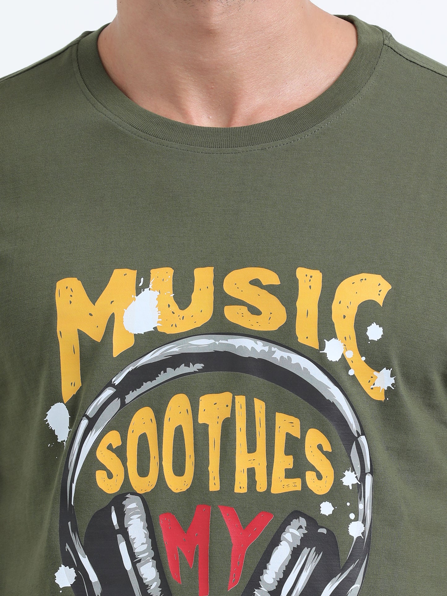 Music Soothes printed Olive Green short sleeve Regular T-shirt
