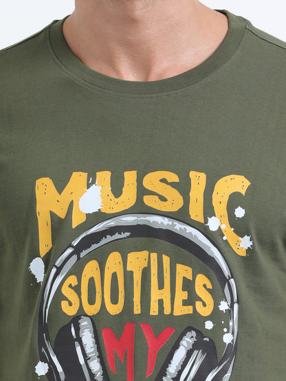 Music Soothes printed Olive Green short sleeve Regular T-shirt