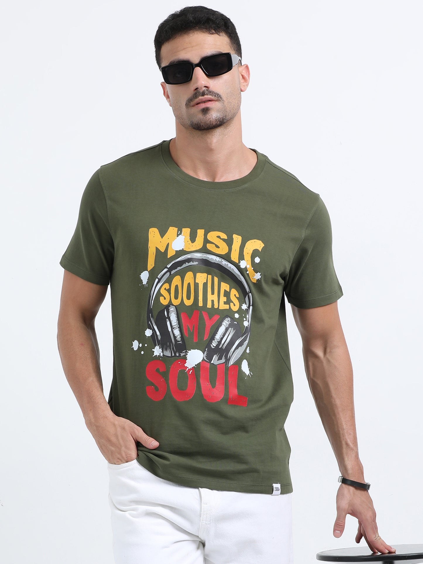 Music Soothes printed Olive Green short sleeve Regular T-shirt