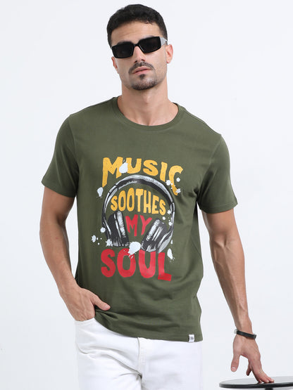 Music Soothes printed Olive Green short sleeve Regular T-shirt