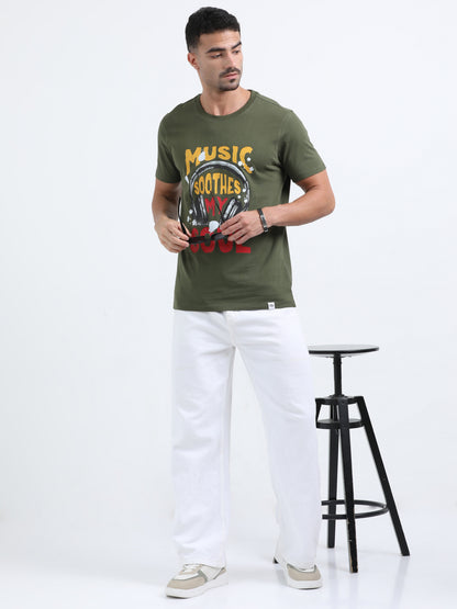 Music Soothes printed Olive Green short sleeve Regular T-shirt