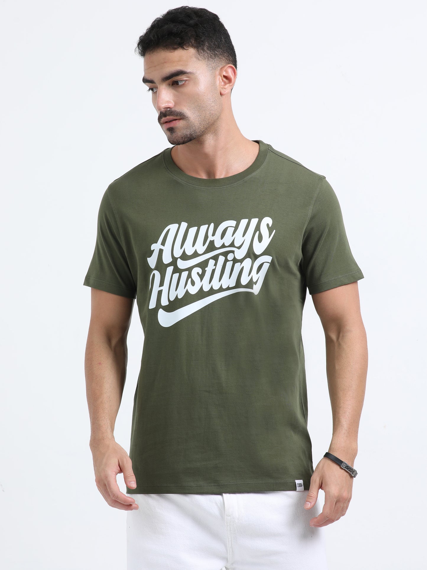 Always Hustling Olive Green short sleeve Printed T-shirt