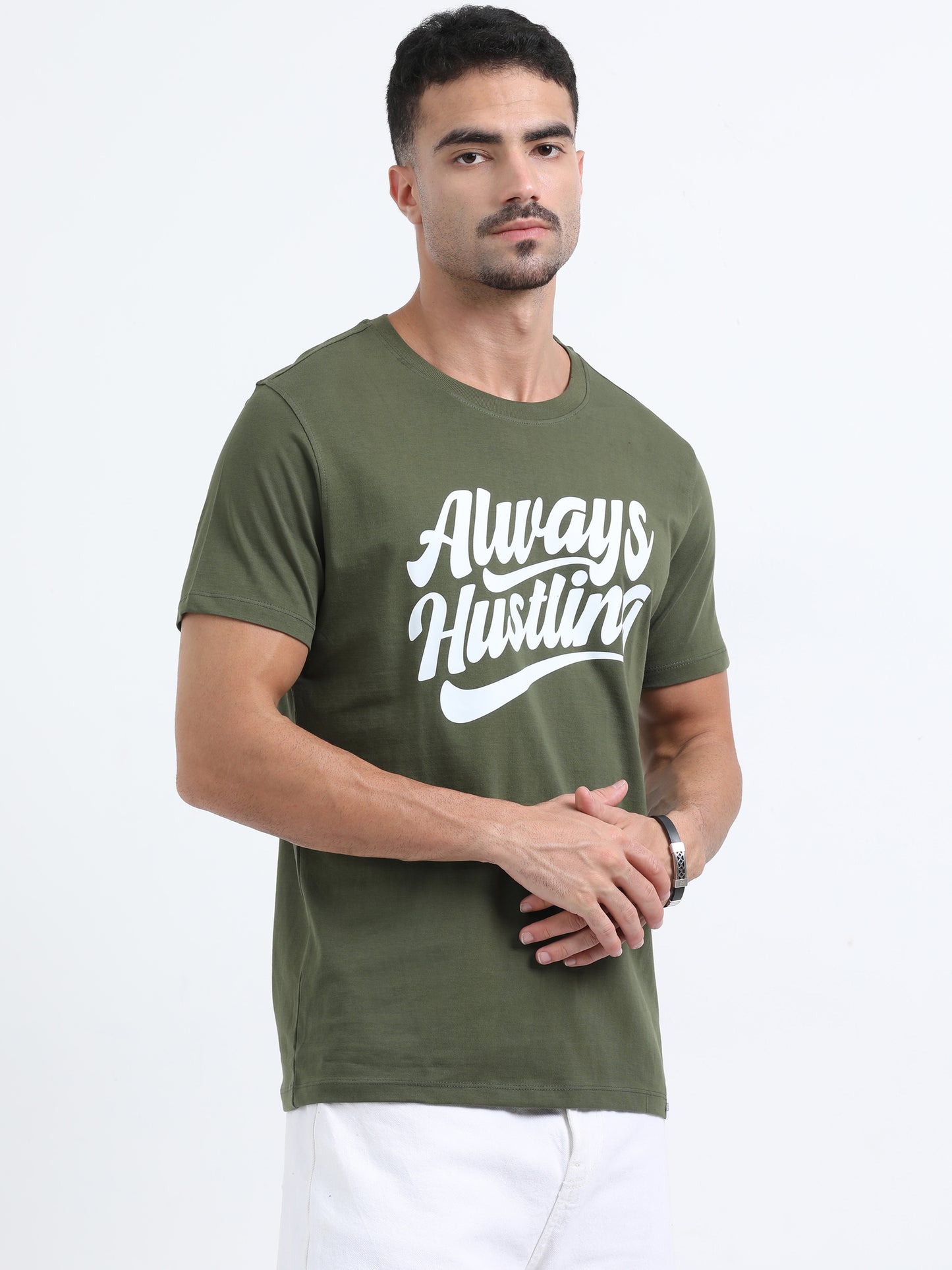 Always Hustling Olive Green short sleeve Printed T-shirt