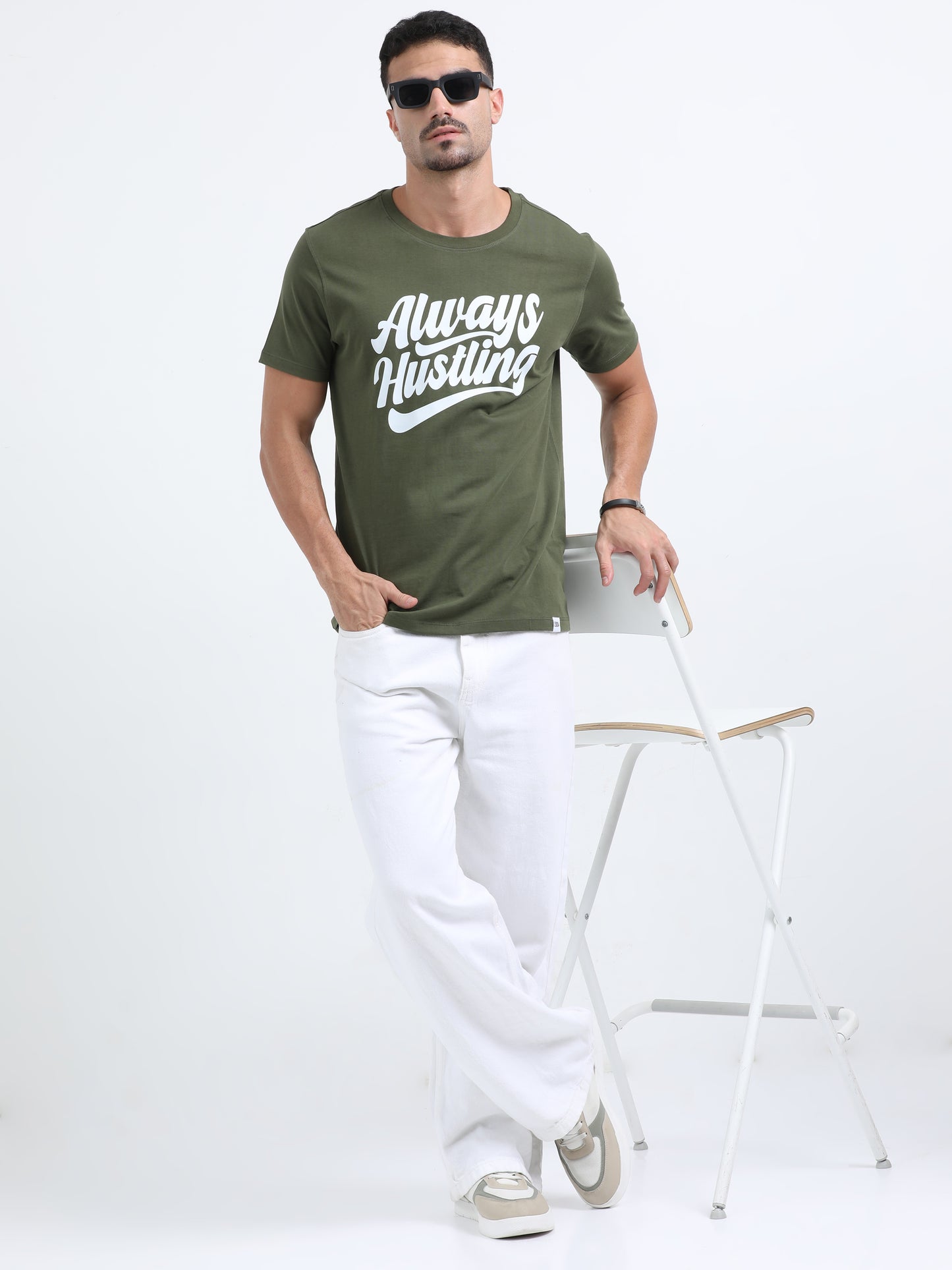 Always Hustling Olive Green short sleeve Printed T-shirt