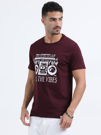 Feel the vibes Printed Maroon short sleeve Regular T-shirt