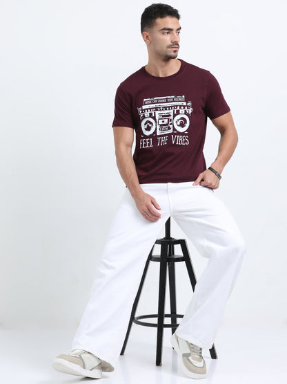 Feel the vibes Printed Maroon short sleeve Regular T-shirt