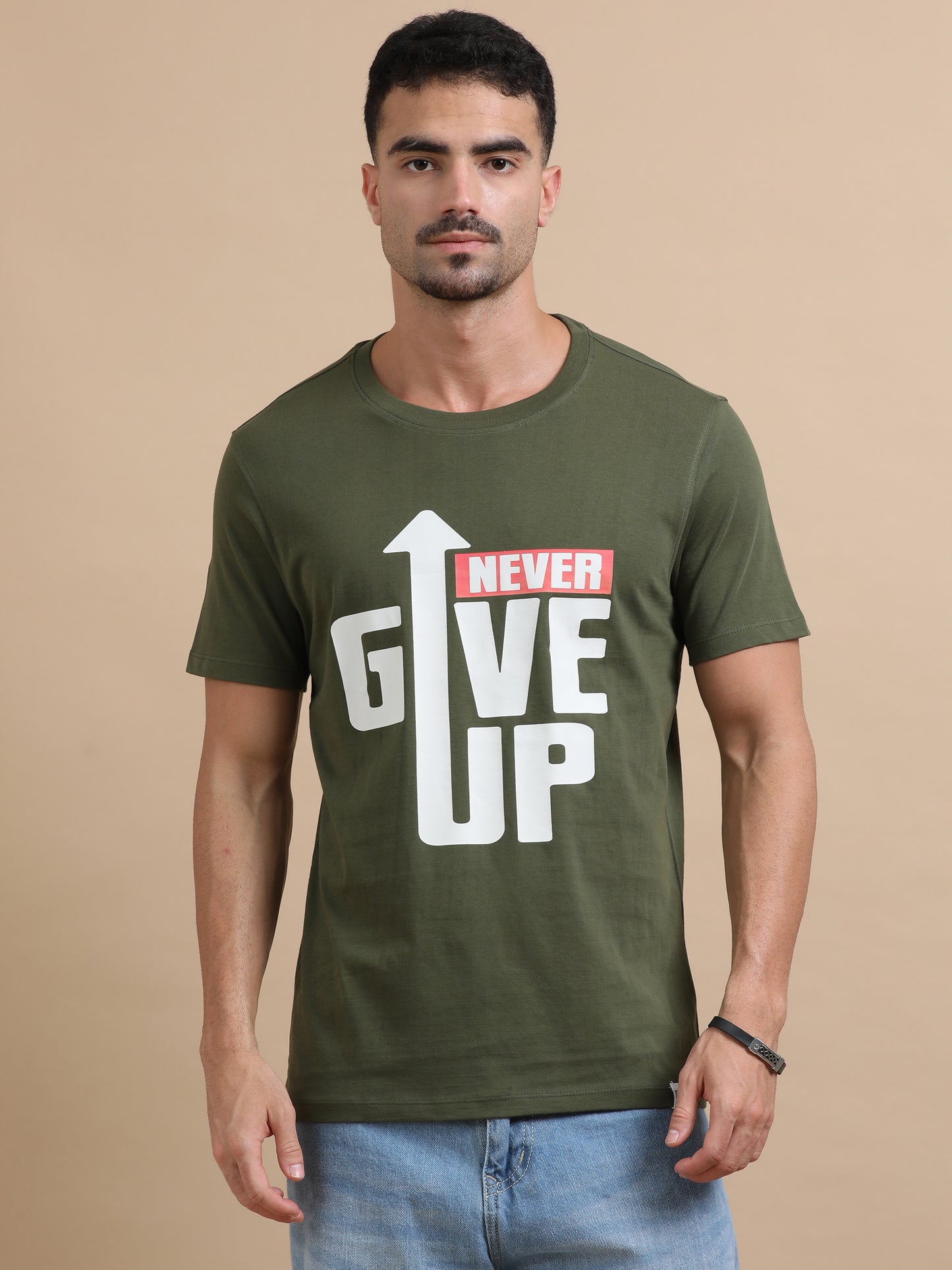 Never Give Up Printed Olive Green short sleeve Regular T-shirt