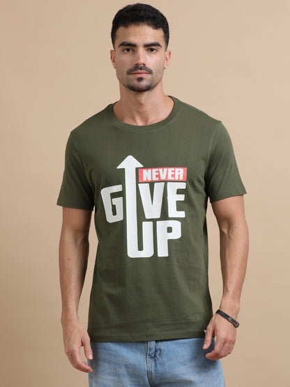 Never Give Up Printed Olive Green short sleeve Regular T-shirt