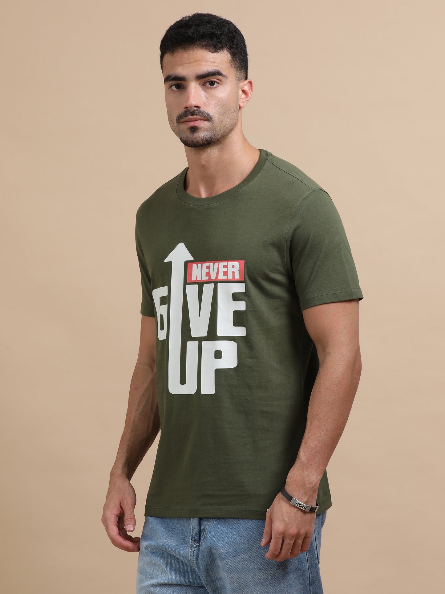 Never Give Up Printed Olive Green short sleeve Regular T-shirt