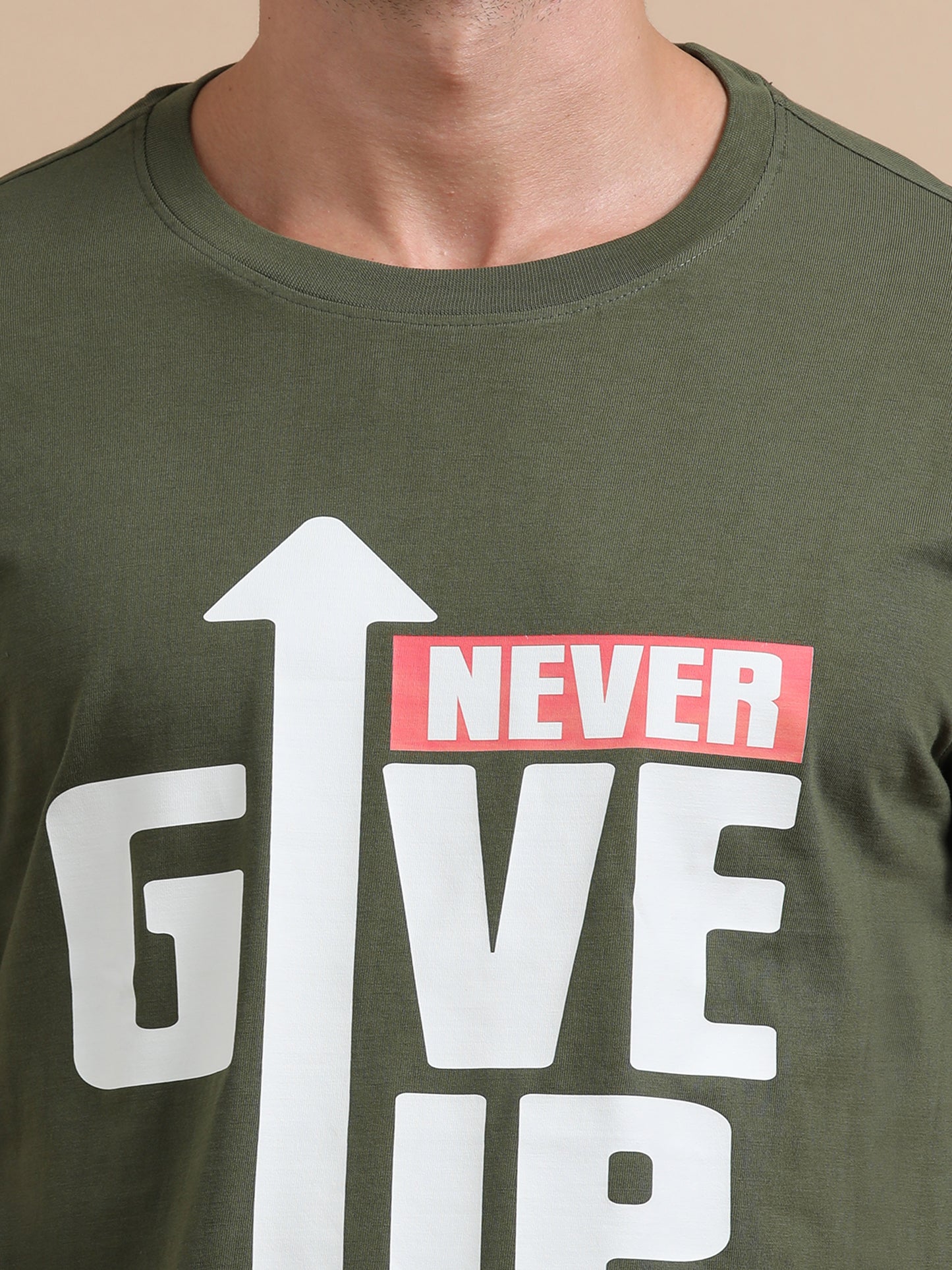 Never Give Up Printed Olive Green short sleeve Regular T-shirt