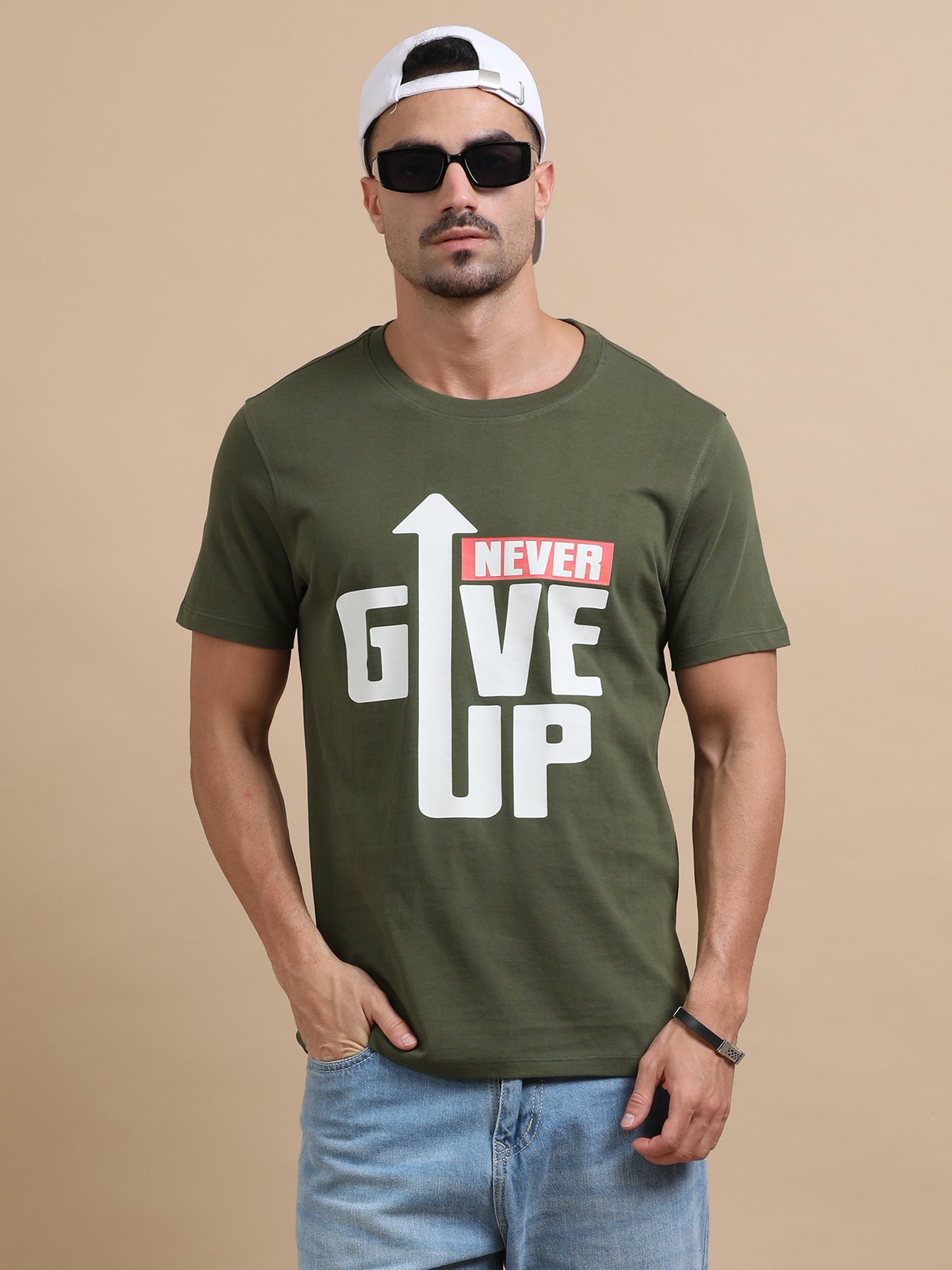 Never Give Up Printed Olive Green short sleeve Regular T-shirt