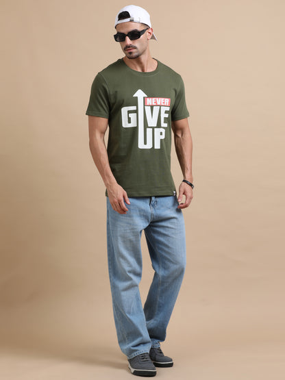 Never Give Up Printed Olive Green short sleeve Regular T-shirt