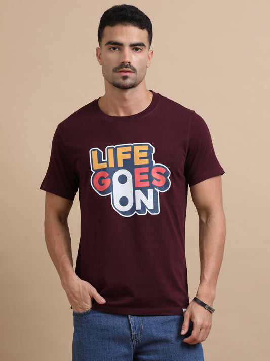 Life Goes On Printed Maroon short sleeve Regular T-shirt