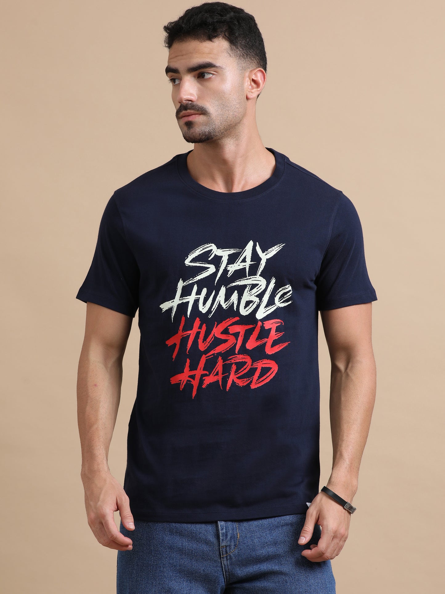 Stay Humble Hustle Hard printed Navy short sleeve regular fit T-shirt
