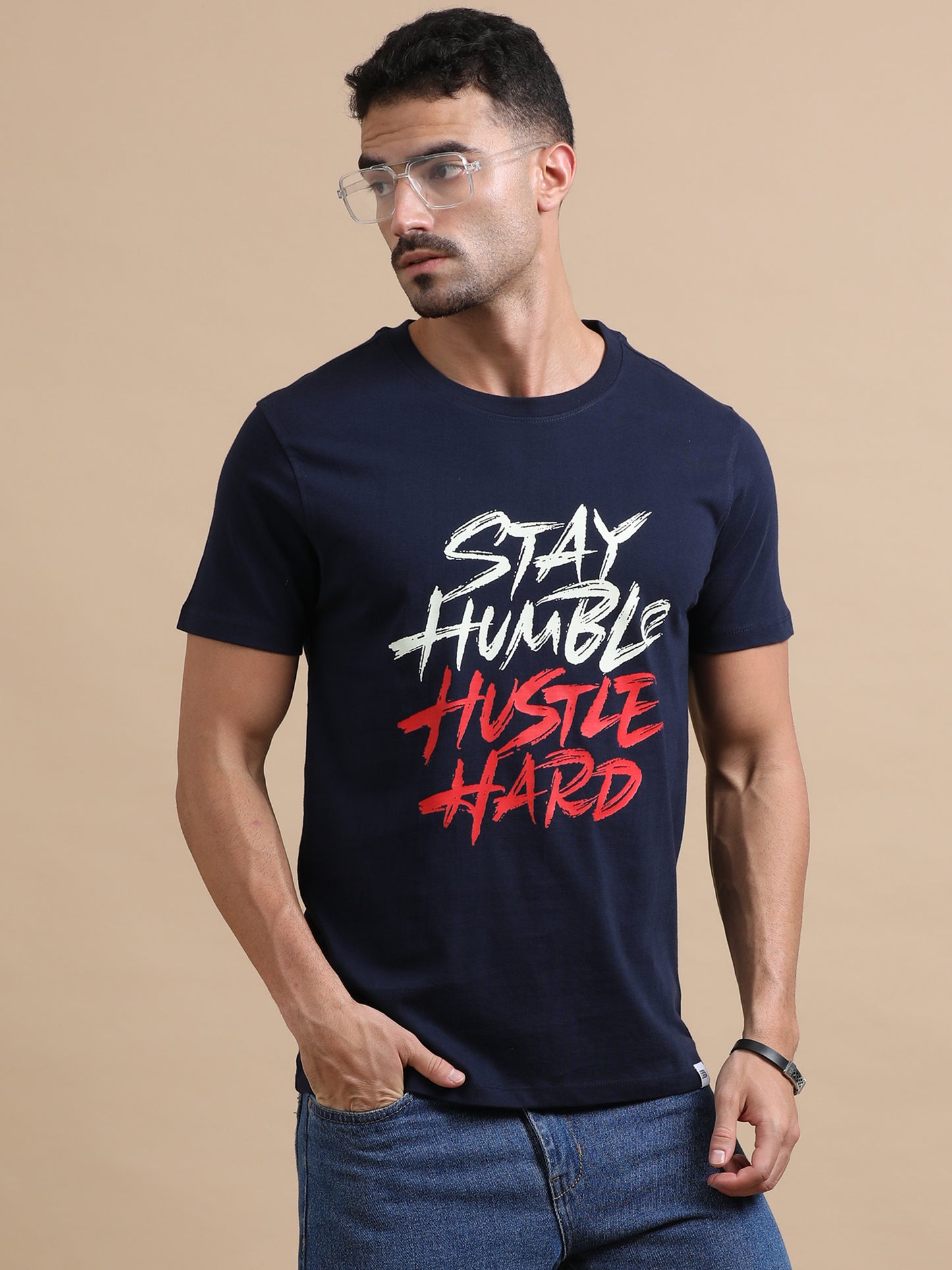 Stay Humble Hustle Hard printed Navy short sleeve regular fit T-shirt