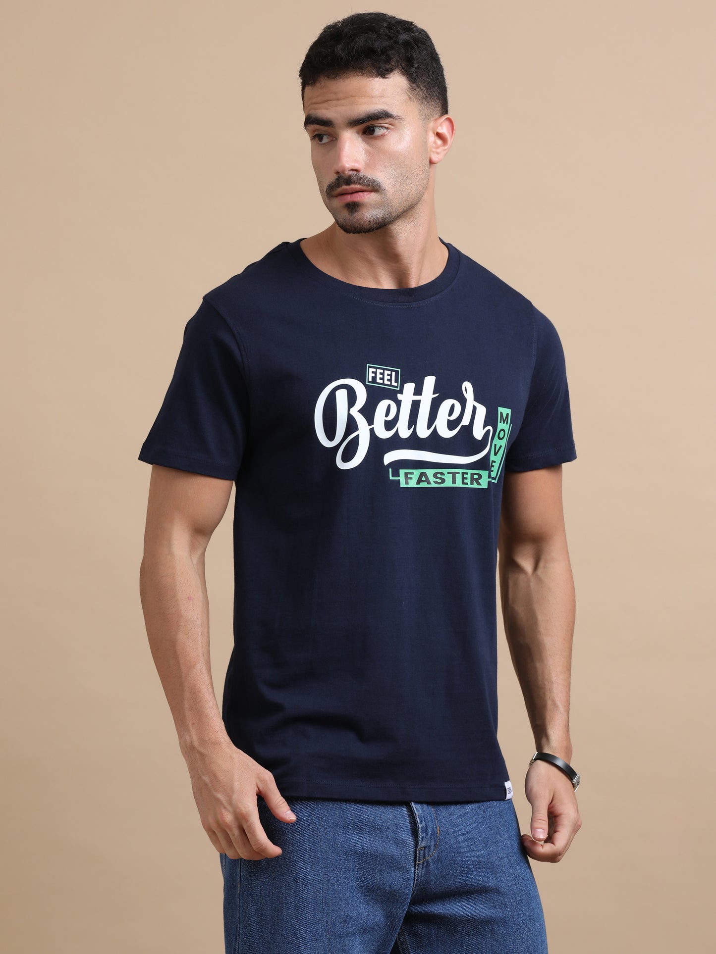Feel better move faster printed Navy short sleeve regular fit T-shirt