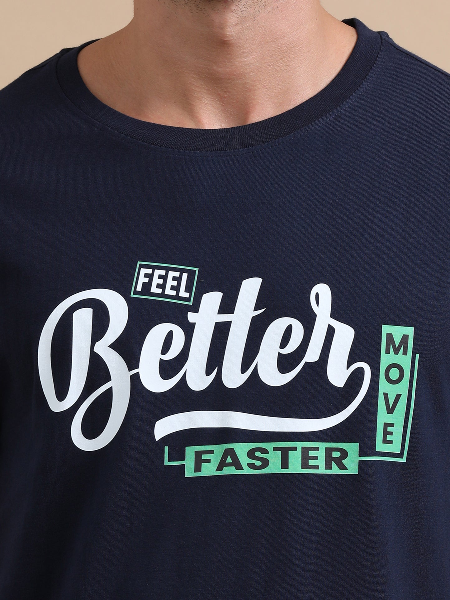 Feel better move faster printed Navy short sleeve regular fit T-shirt