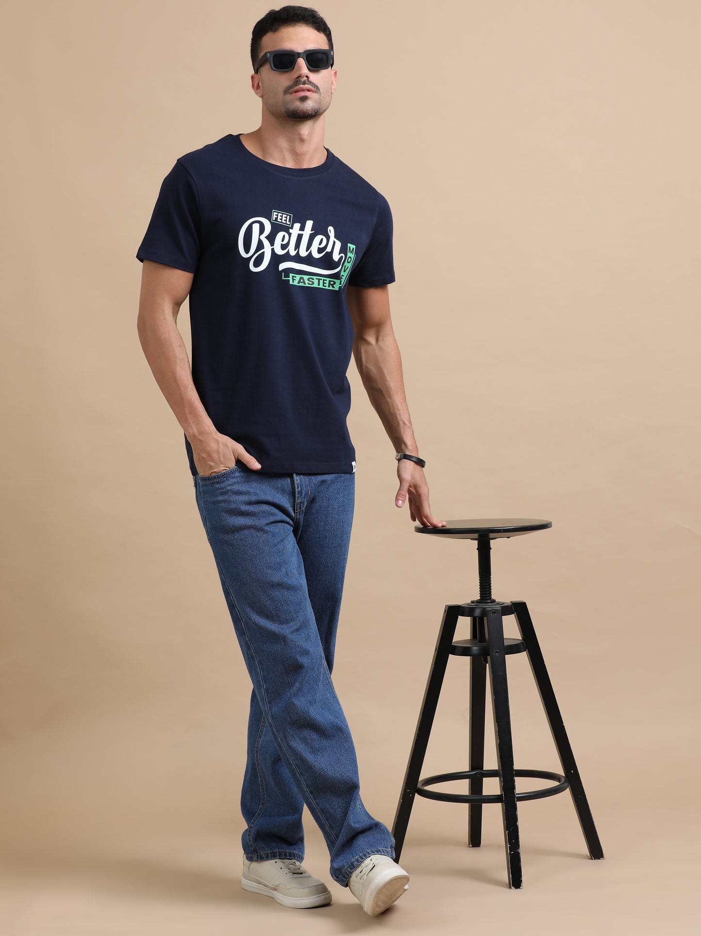 Feel better move faster printed Navy short sleeve regular fit T-shirt
