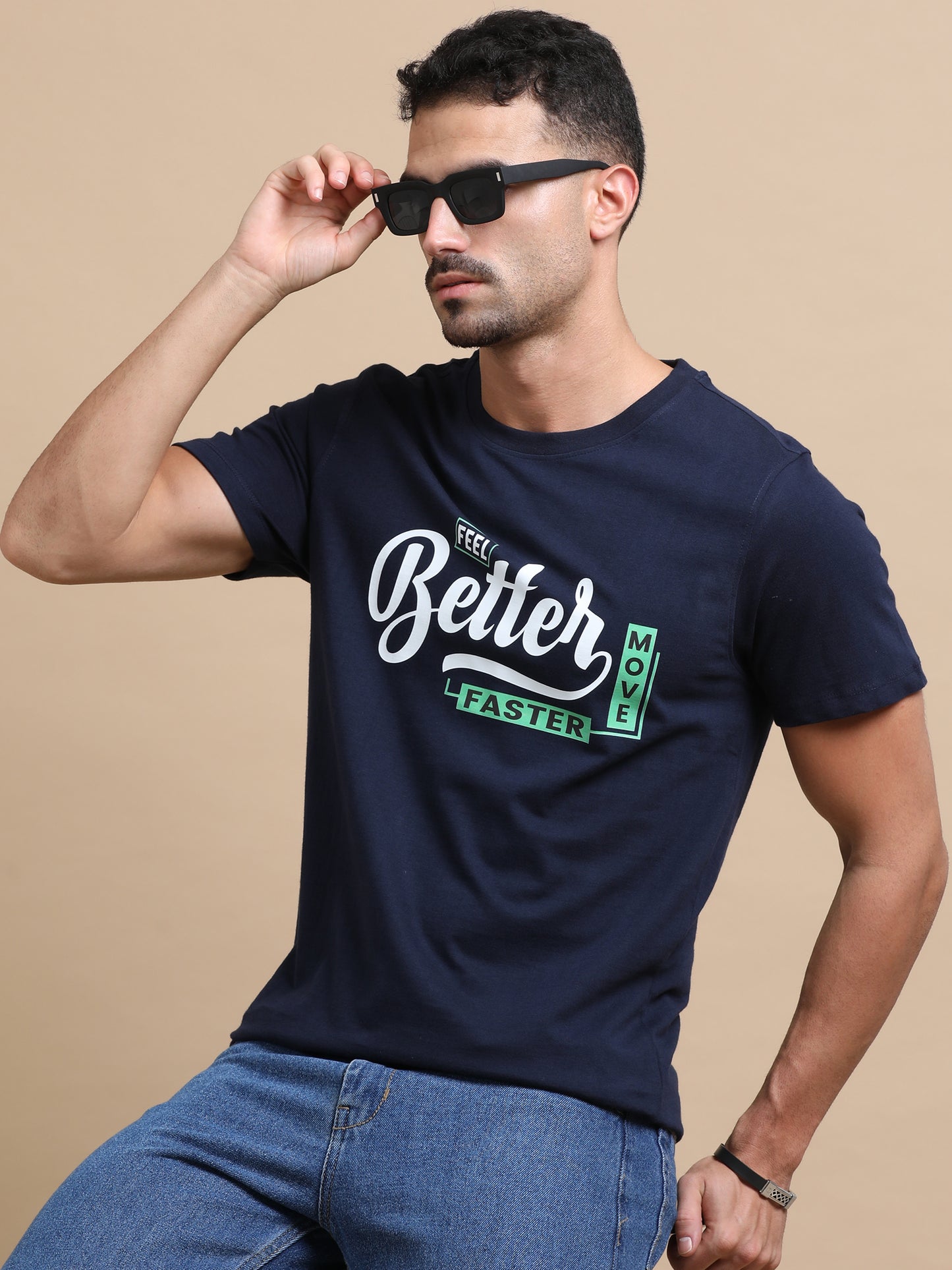 Feel better move faster printed Navy short sleeve regular fit T-shirt