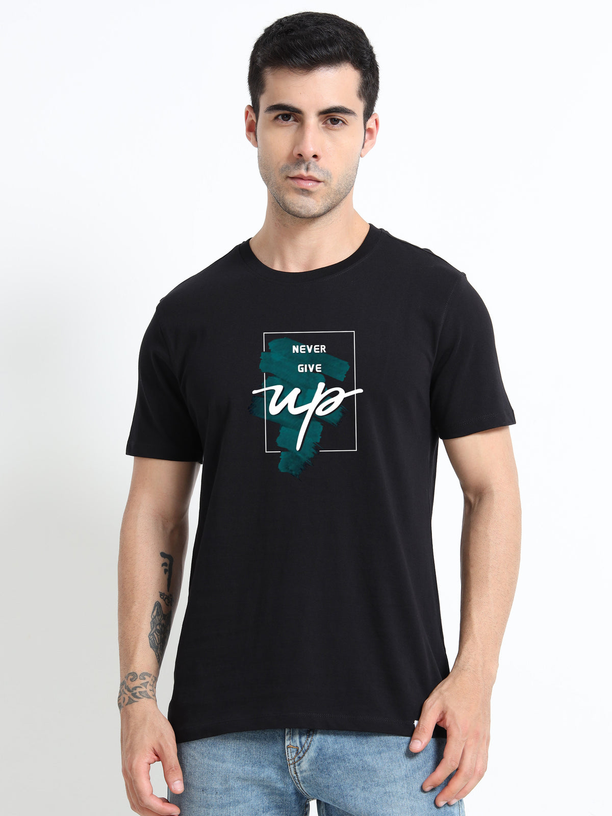 Never Give Up printed Red short sleeve Regular T-shirt