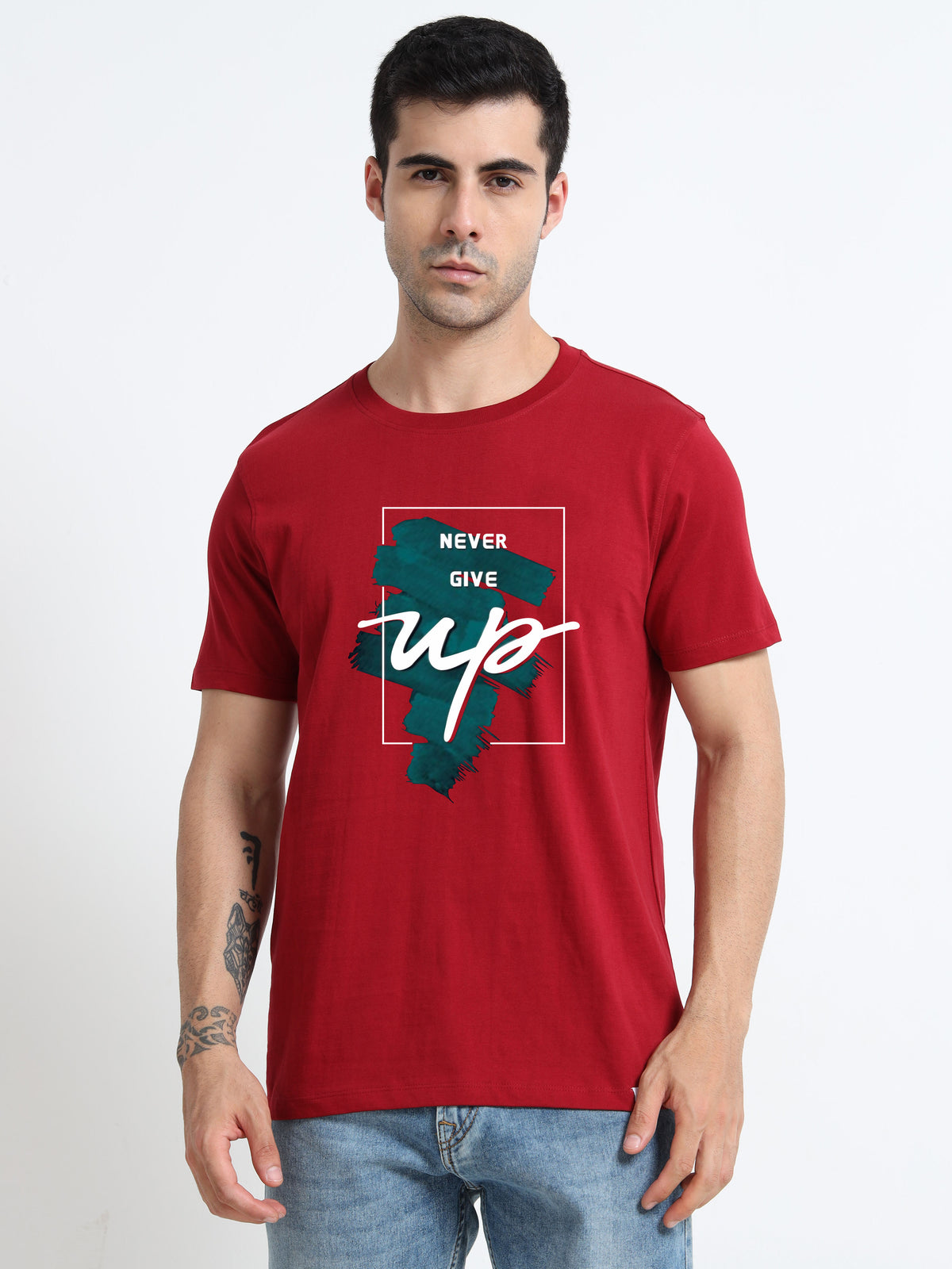 Never Give Up printed Red short sleeve Regular T-shirt